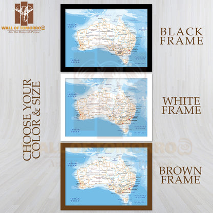 Large High Detailed Australia Road Map Educational High Quality Glass Frame Wall Décor