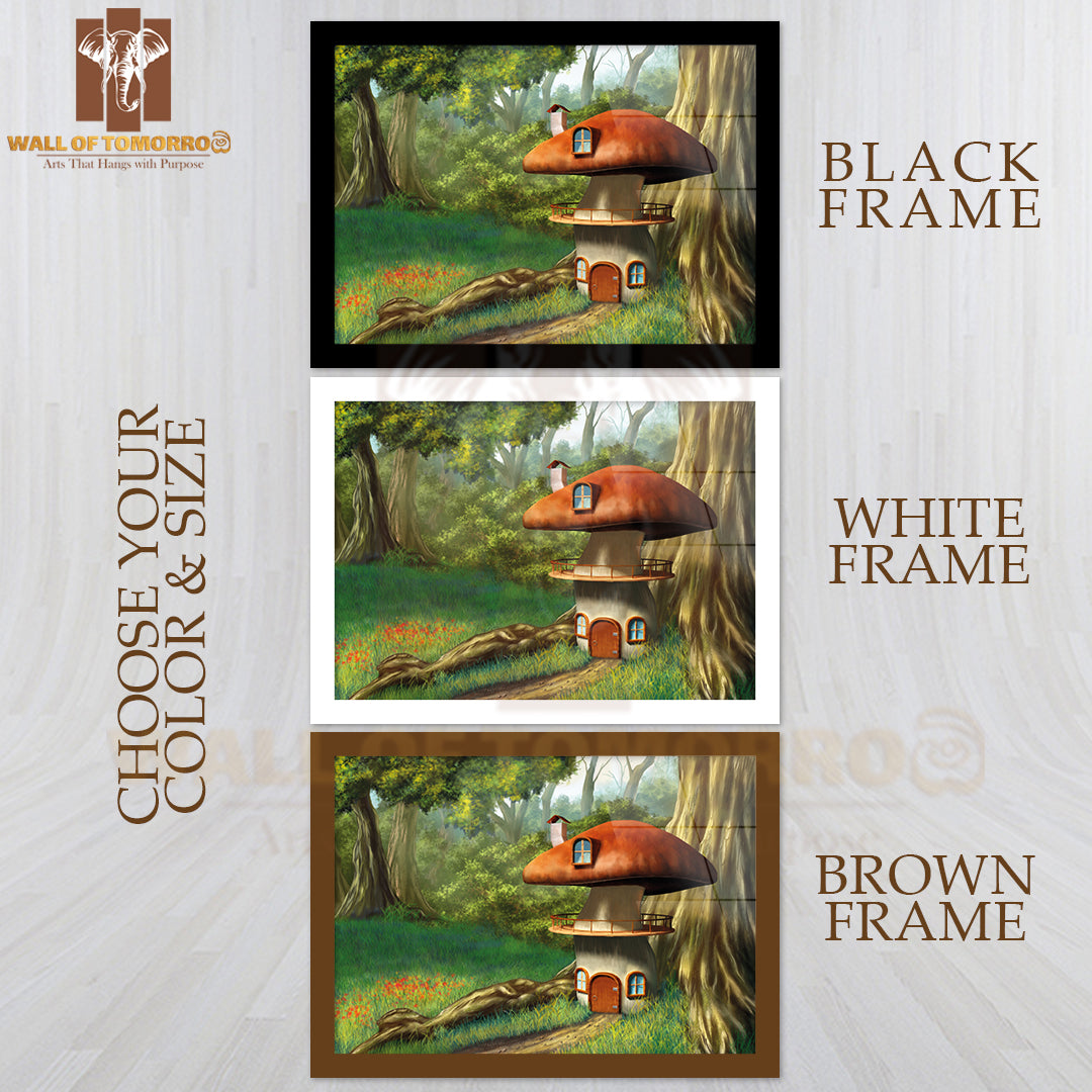 Mushroom House in An Enchanted Forest High Quality Glass Frame Wall Décor