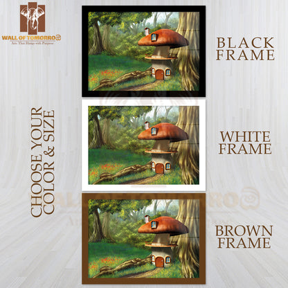 Mushroom House in An Enchanted Forest High Quality Glass Frame Wall Décor