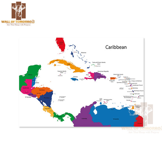 Caribbean Map with Countries Educational High Quality Unframed Poster Print & Waterproof Poster Print Wall Décor