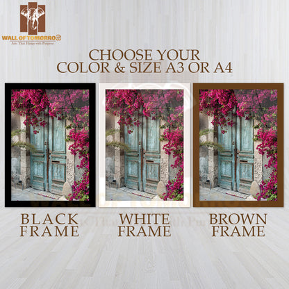Old Wooden Door with Bougainvillea in Cyprus High Quality Glass Frame Wall Décor
