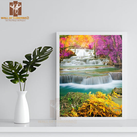 Amazing Waterfall in Colorful Forest High Quality Glass Frame Wall Décor