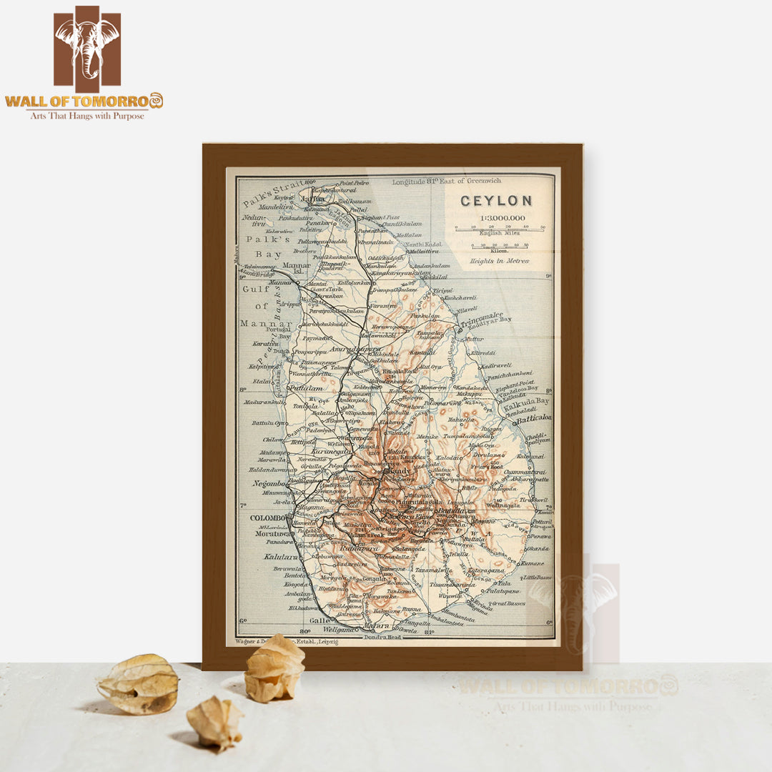 Old map of Sri Lanka with roads, cities and relief - 1914 High Quality Glass Frame Wall Décors in Sri Lanka