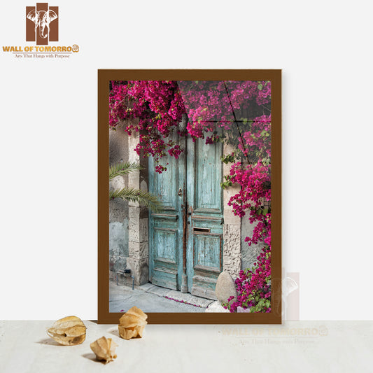 Old Wooden Door with Bougainvillea in Cyprus High Quality Glass Frame Wall Décor