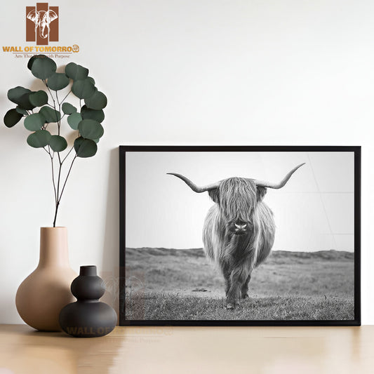 Winter Cow B&W Highland Cow High Quality Glass Frame Wall Décor