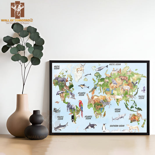 World Animal Map Watercolor Educational High Quality Glass Frame Wall Décor
