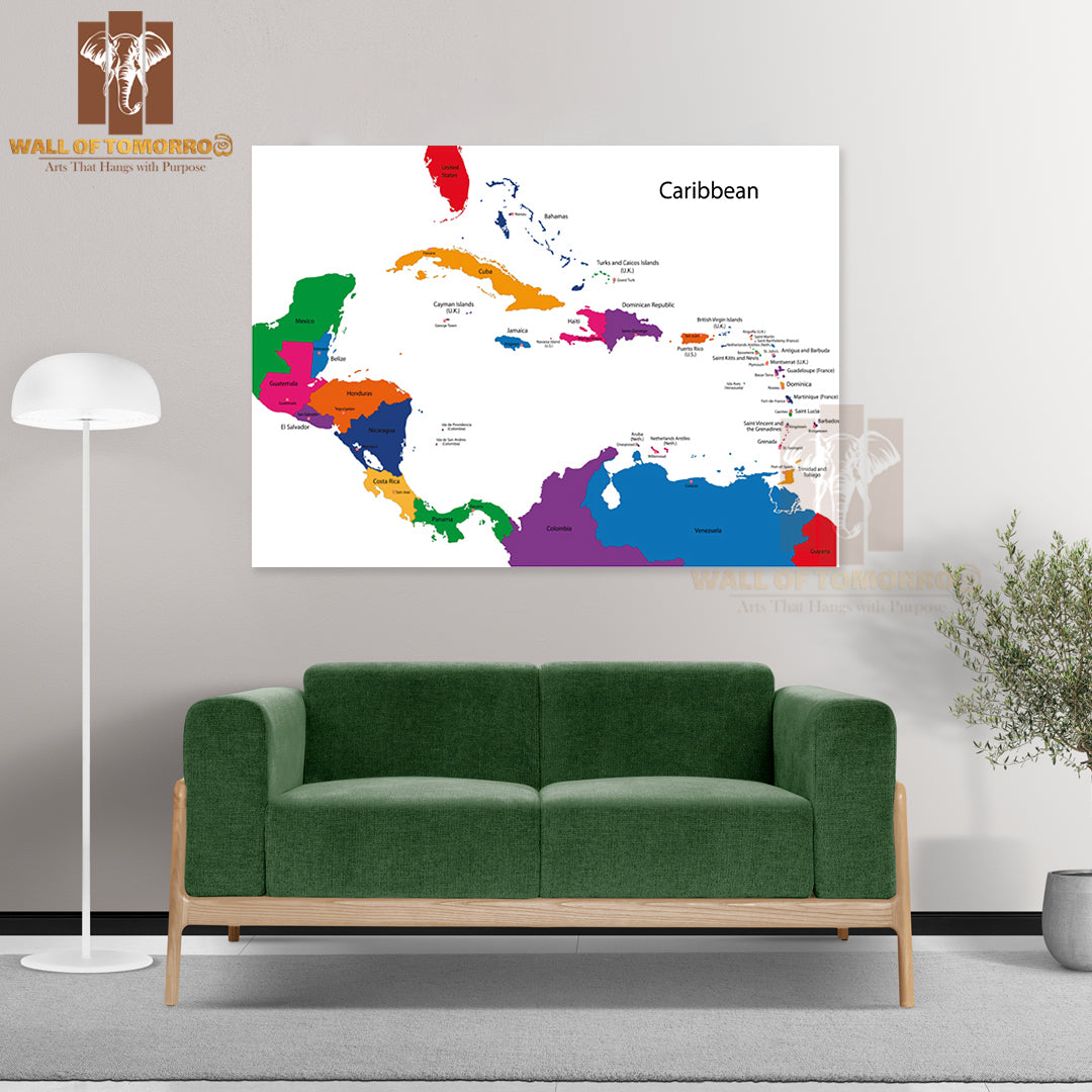 Caribbean Map with Countries Educational High Quality Unframed Poster Print & Waterproof Poster Print Wall Décor