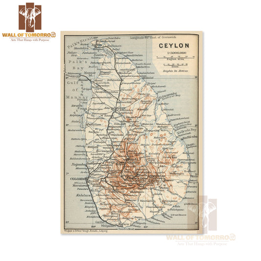Old map of Sri Lanka with roads, cities and relief - 1914 High Quality Unframed Poster Print & Waterproof Poster Print Wall Décor in Sri Lanka