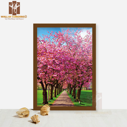 Walk Path Surrounded with Blossoming Plum Trees at Meadows Park, Edinburgh High Quality Glass Frame Wall Décor