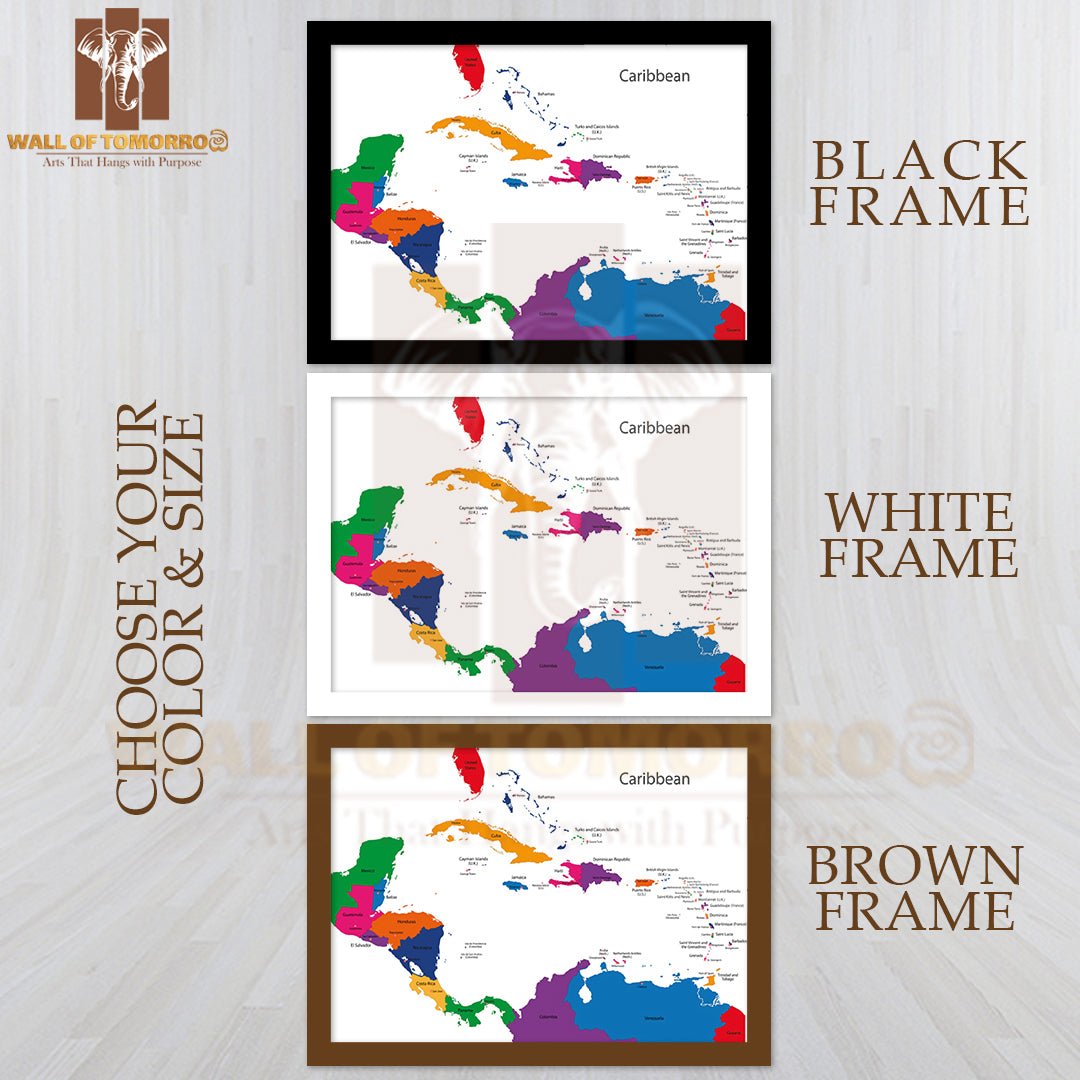 Caribbean Map with Countries Educational High Quality Glass Frame Wall Décor