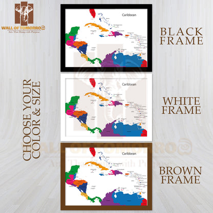 Caribbean Map with Countries Educational High Quality Glass Frame Wall Décor