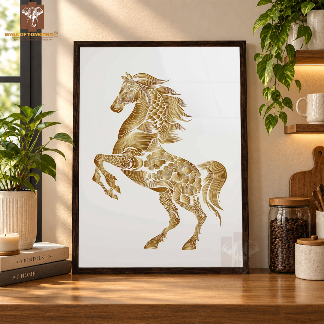 Golden Horse Painting Animals High Quality Glass Frame Wall Décor in Sri Lanka