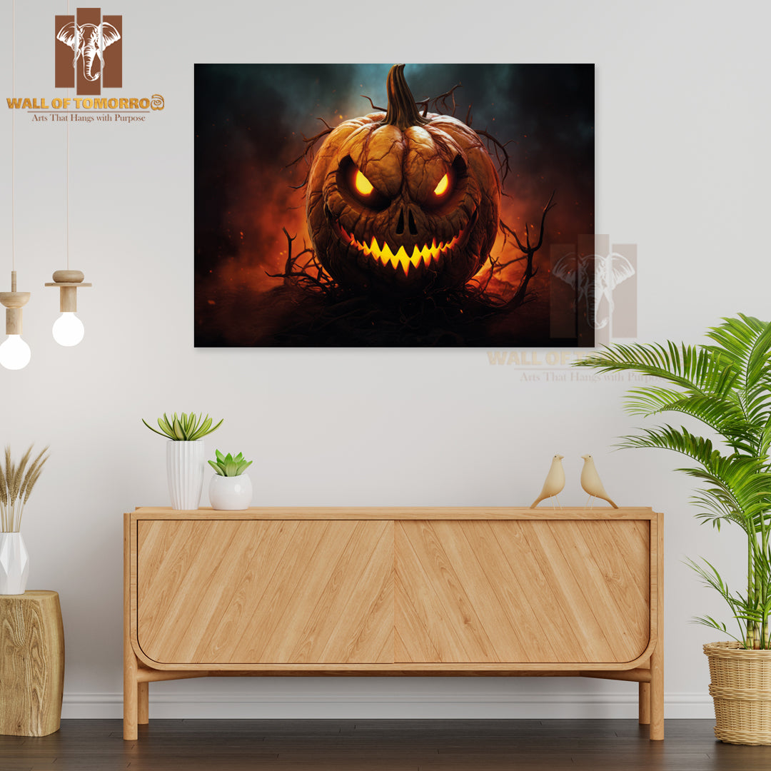 A Sinister Jack-O'-Lantern with Glowing Eyes and Sharp Teeth Halloween High Quality Unframed Poster Print & Waterproof Poster Print Wall Décor