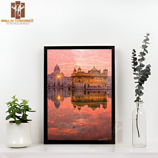 Golden Temple at Sunset, Amritsar, Punjab, India High Quality Glass Frame Wall Décor
