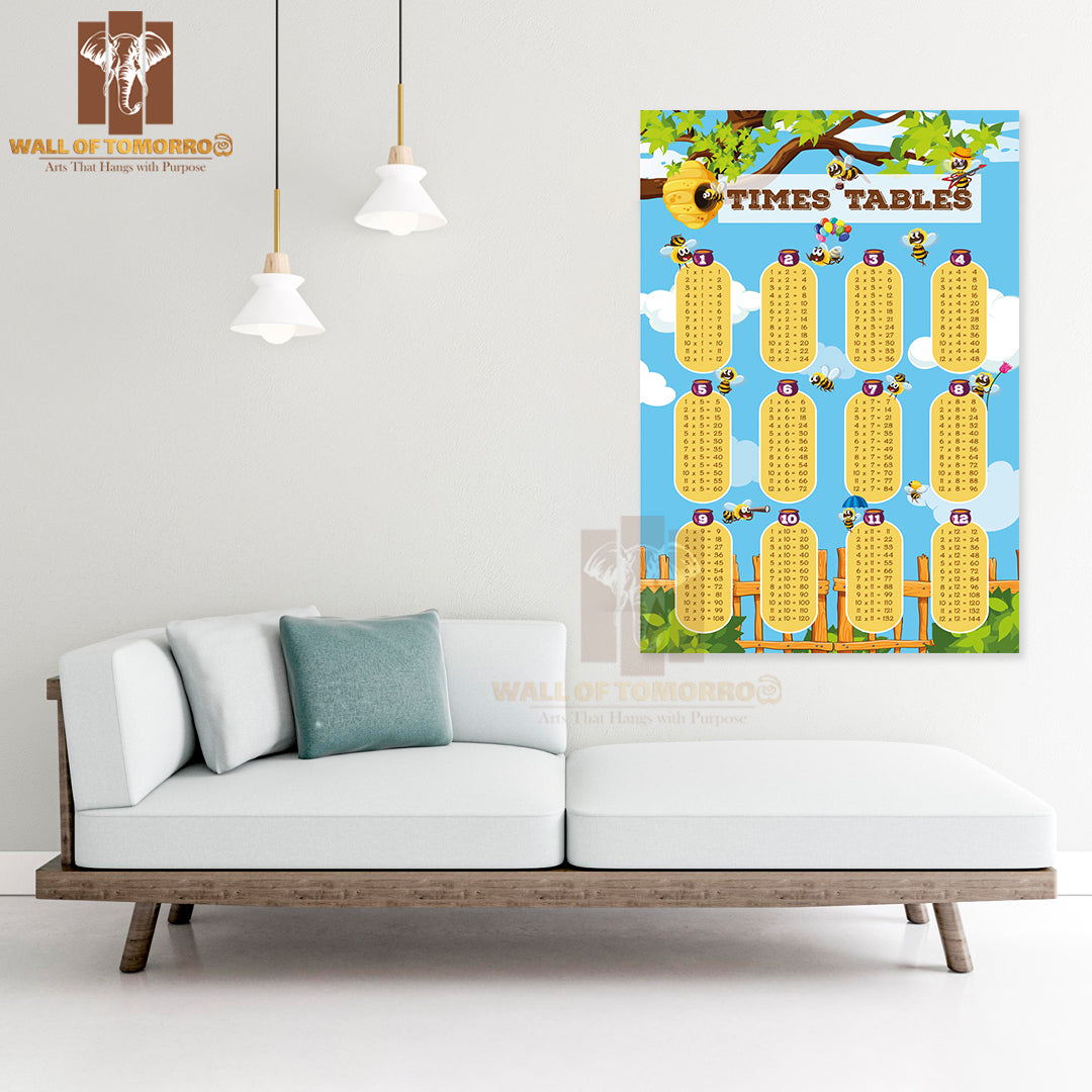 Times Tables Chart with Bee Flying Educational High Quality Unframed Poster Print & Waterproof Poster Print Wall Décor