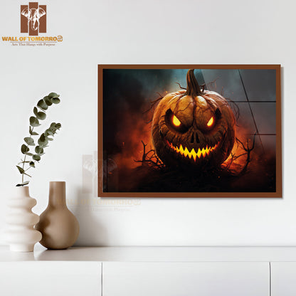 A Sinister Jack-O'-Lantern with Glowing Eyes and Sharp Teeth Halloween High Quality Glass Frame Wall Décor