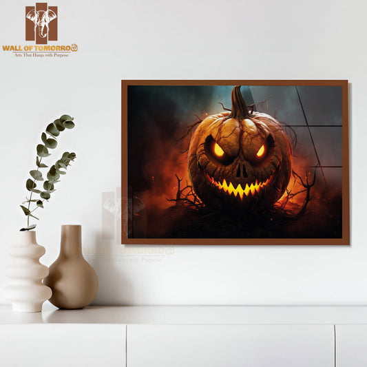 A Sinister Jack-O'-Lantern with Glowing Eyes and Sharp Teeth Halloween High Quality Glass Frame Wall Décor