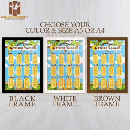 Times Tables Chart with Bee Flying Educational High Quality Glass Frame Wall Décor