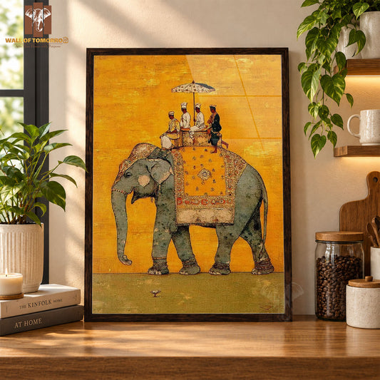 Vintage Painting of a Richly Decorated Gray Elephant Animals High Quality Glass Frame Wall Décor in Sri Lanka