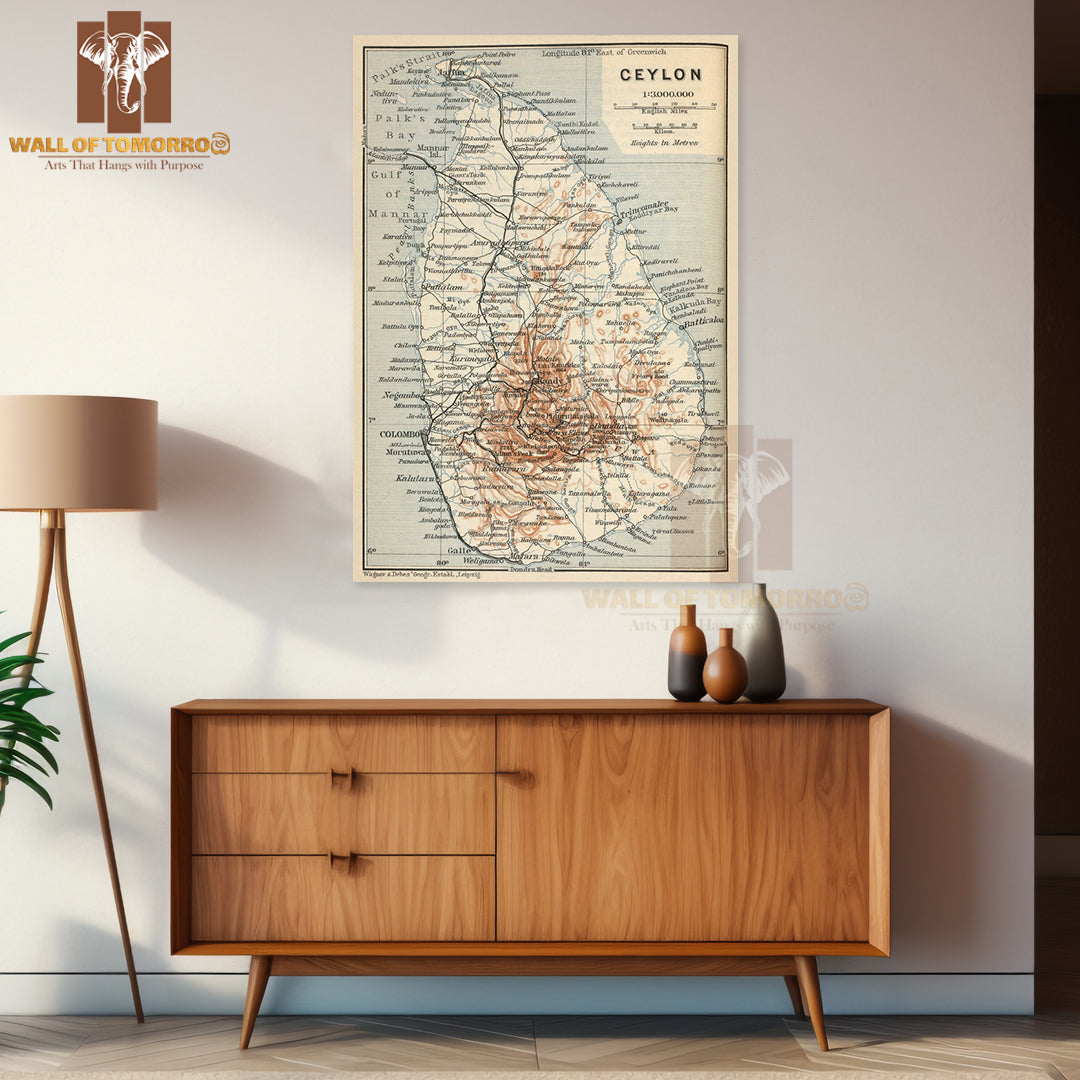 Old map of Sri Lanka with roads, cities and relief - 1914 High Quality Unframed Poster Print & Waterproof Poster Print Wall Décor in Sri Lanka