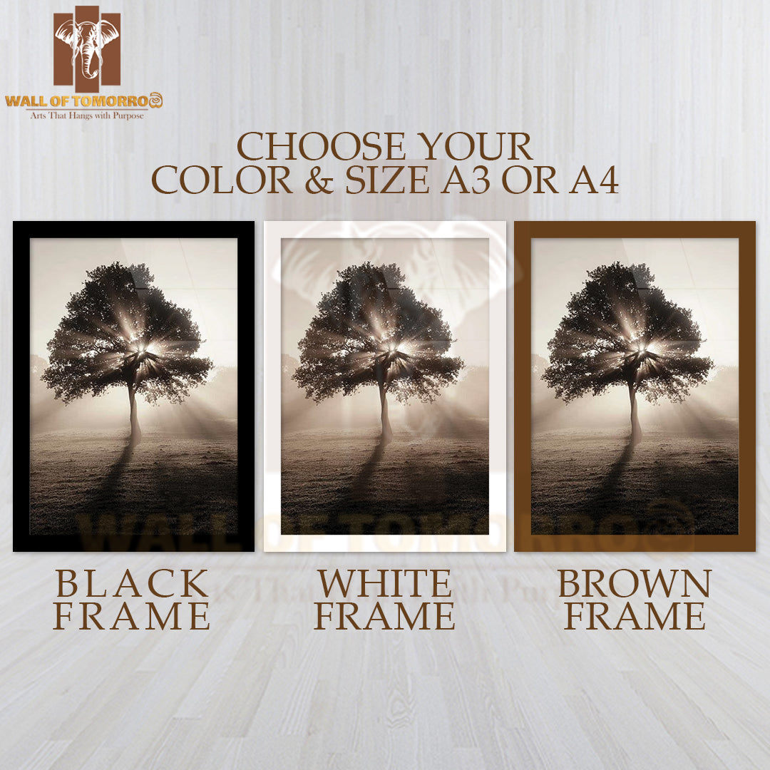 Tree In Sunrise Faded Photography High Quality Glass Frame Wall Décor