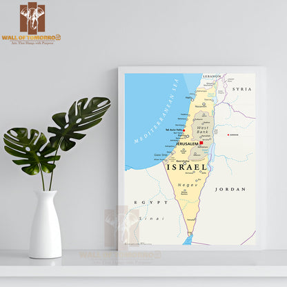 Israel Political Map with Capital Jerusalem Educational High Quality Glass Frame Wall Décor