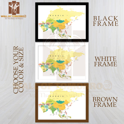 Asia Map Highly Detailed Educational High Quality Glass Frame Wall Décor