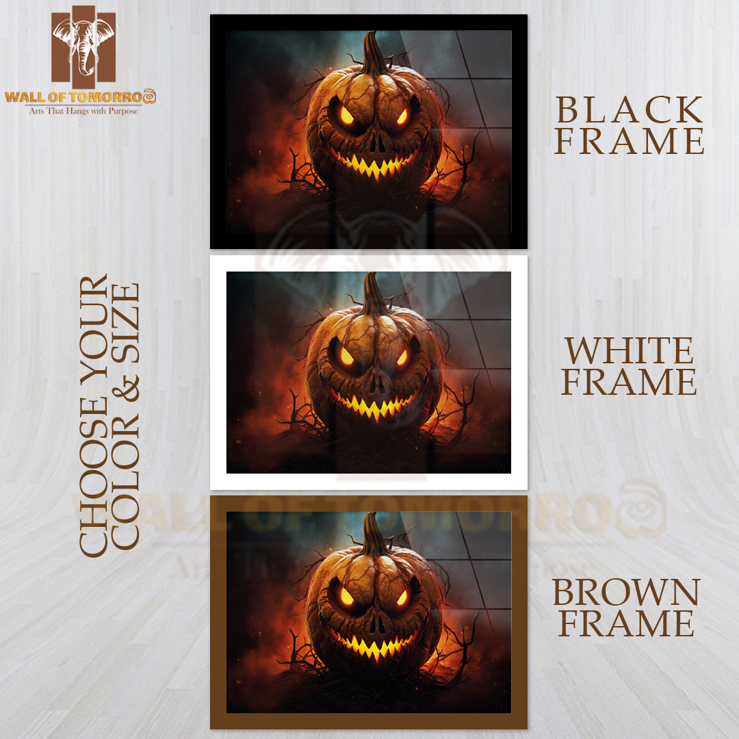 A Sinister Jack-O'-Lantern with Glowing Eyes and Sharp Teeth Halloween High Quality Glass Frame Wall Décor
