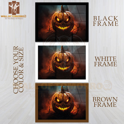 A Sinister Jack-O'-Lantern with Glowing Eyes and Sharp Teeth Halloween High Quality Glass Frame Wall Décor
