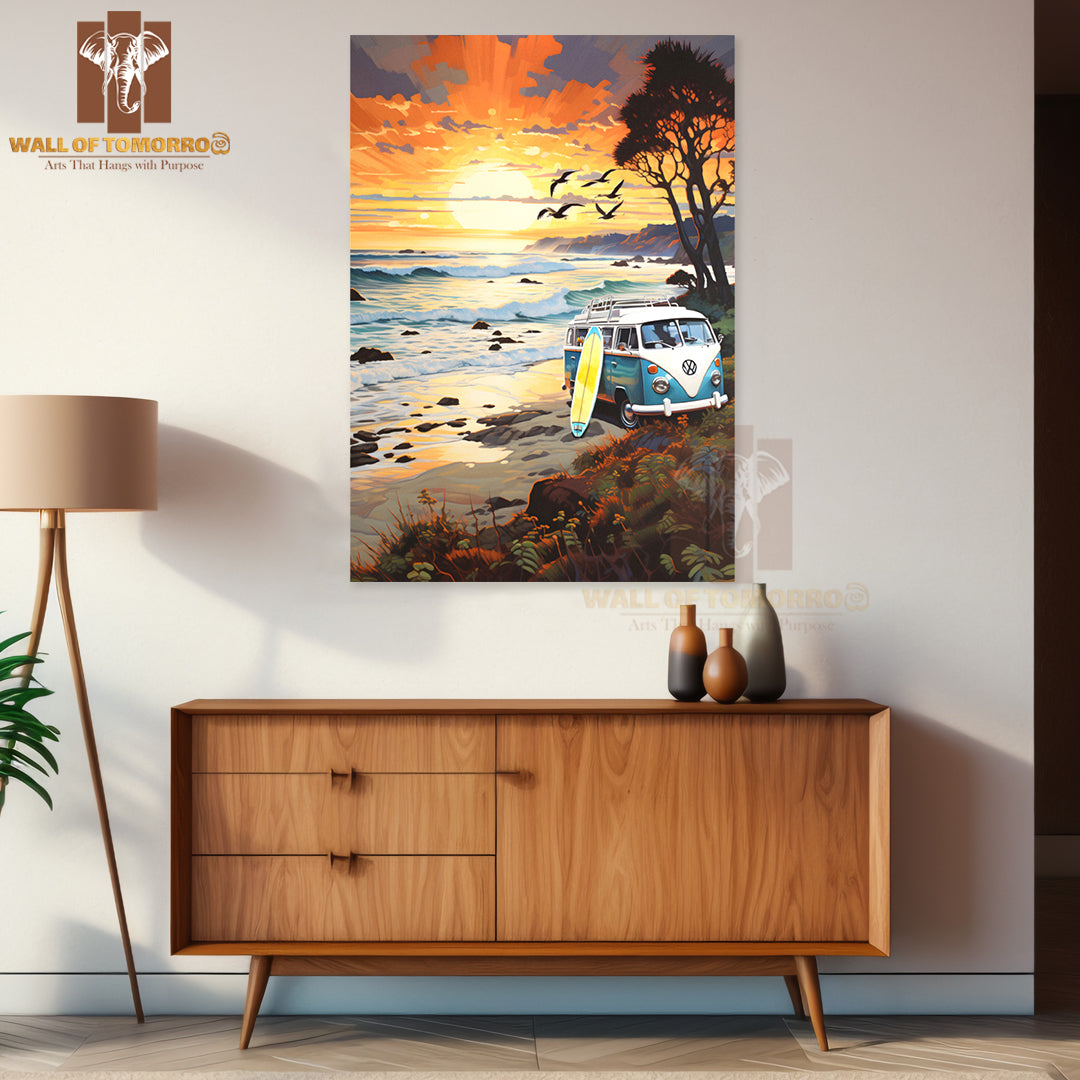 Van Parked on The Beach with Surfboard High Quality Unframed Poster Print & Waterproof Poster Print Wall Décor