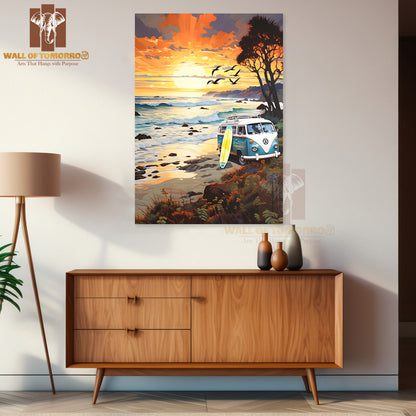 Van Parked on The Beach with Surfboard High Quality Unframed Poster Print & Waterproof Poster Print Wall Décor