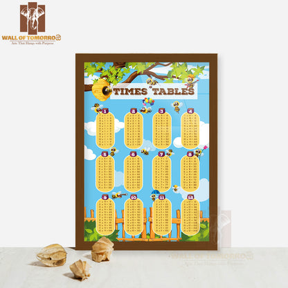 Times Tables Chart with Bee Flying Educational High Quality Glass Frame Wall Décor