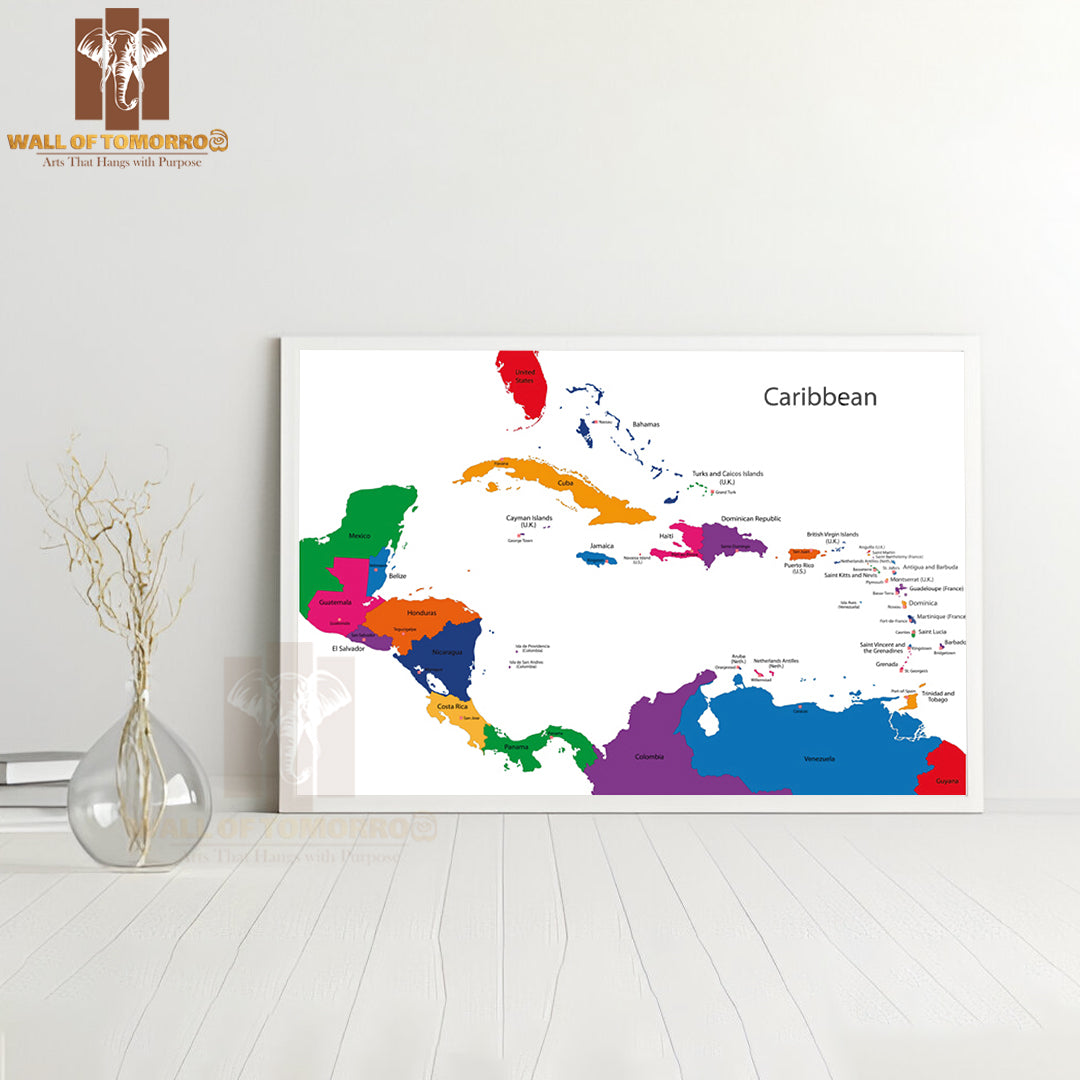 Caribbean Map with Countries Educational High Quality Glass Frame Wall Décor