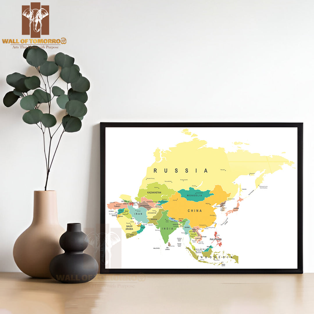 Asia Map Highly Detailed Educational High Quality Glass Frame Wall Décor