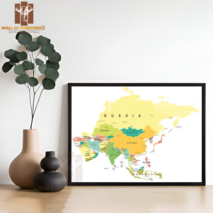 Asia Map Highly Detailed Educational High Quality Glass Frame Wall Décor