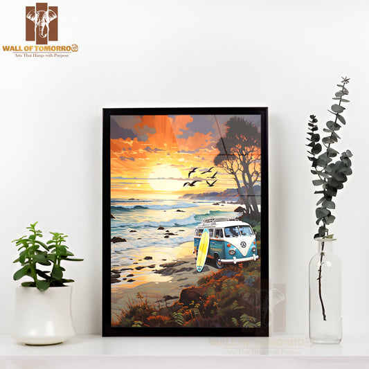 Van Parked on The Beach with Surfboard High Quality Glass Frame Wall Décor