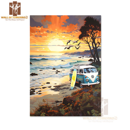 Van Parked on The Beach with Surfboard High Quality Unframed Poster Print & Waterproof Poster Print Wall Décor