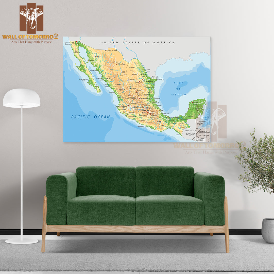 Highly Detailed Mexico Physical Map Educational High Quality Unframed Poster Print & Waterproof Poster Print Wall Décor