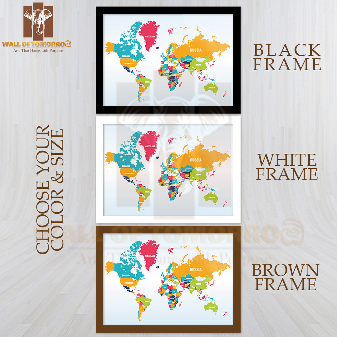 World Map-Countries Educational High Quality Glass Frame Wall Décor