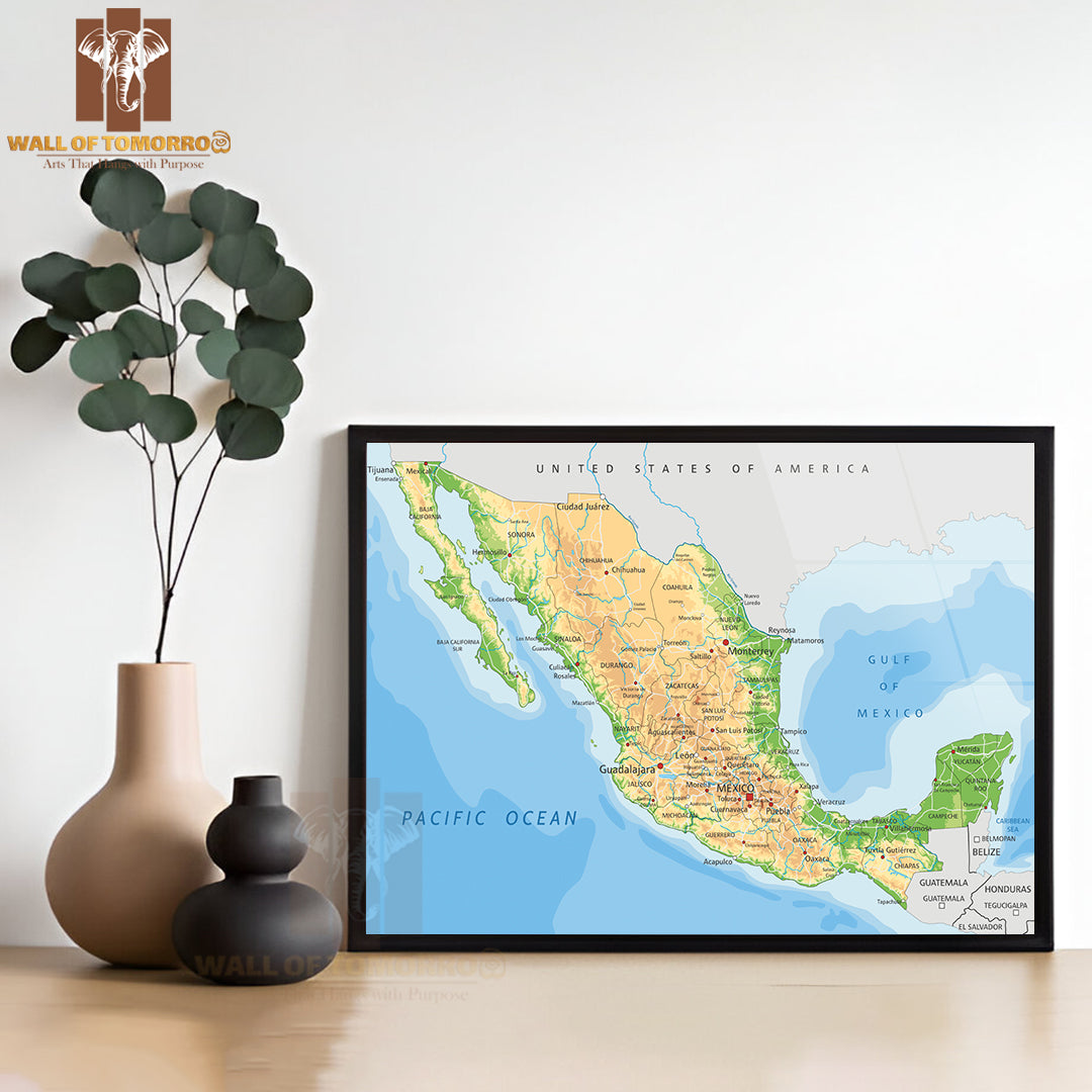 Highly Detailed Mexico Physical Map Educational High Quality Glass Frame Wall Décor