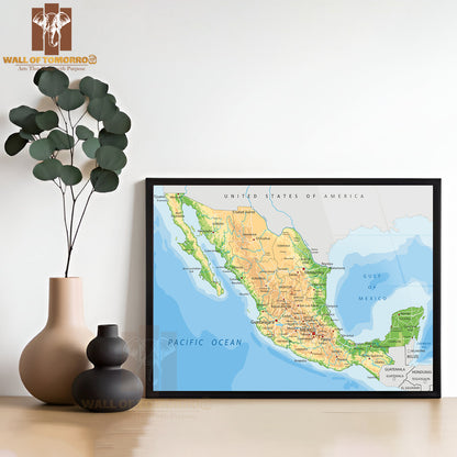 Highly Detailed Mexico Physical Map Educational High Quality Glass Frame Wall Décor