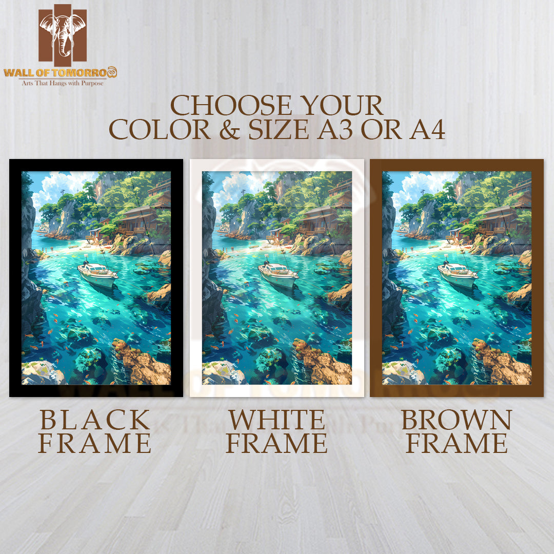 Boat Floating in A Blue Ocean Near a Cliff High Quality Glass Frame Wall Décor