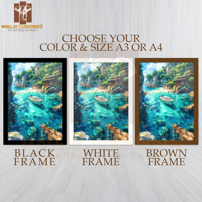 Boat Floating in A Blue Ocean Near a Cliff High Quality Glass Frame Wall Décor