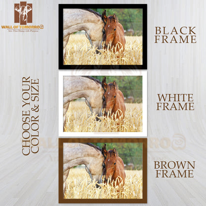 Mare And Her Foal in Rye Field with Beautiful Green Background, Animal Horses High Quality Unframed Poster Print & Waterproof Poster Print Wall Décor