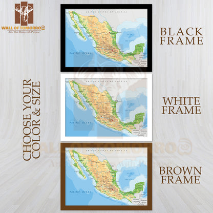Highly Detailed Mexico Physical Map Educational High Quality Glass Frame Wall Décor