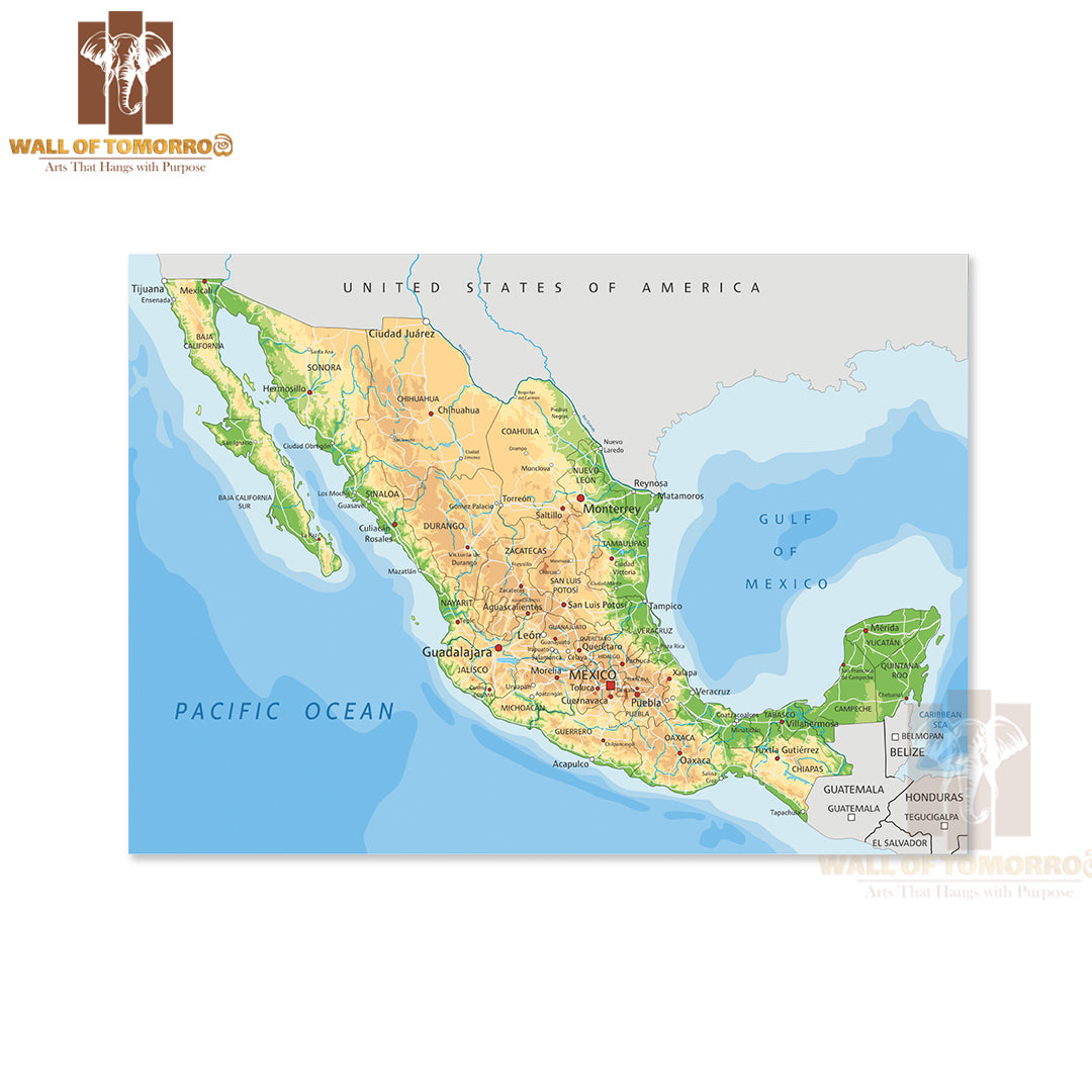 Highly Detailed Mexico Physical Map Educational High Quality Unframed Poster Print & Waterproof Poster Print Wall Décor