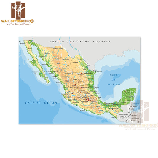 Highly Detailed Mexico Physical Map Educational High Quality Unframed Poster Print & Waterproof Poster Print Wall Décor