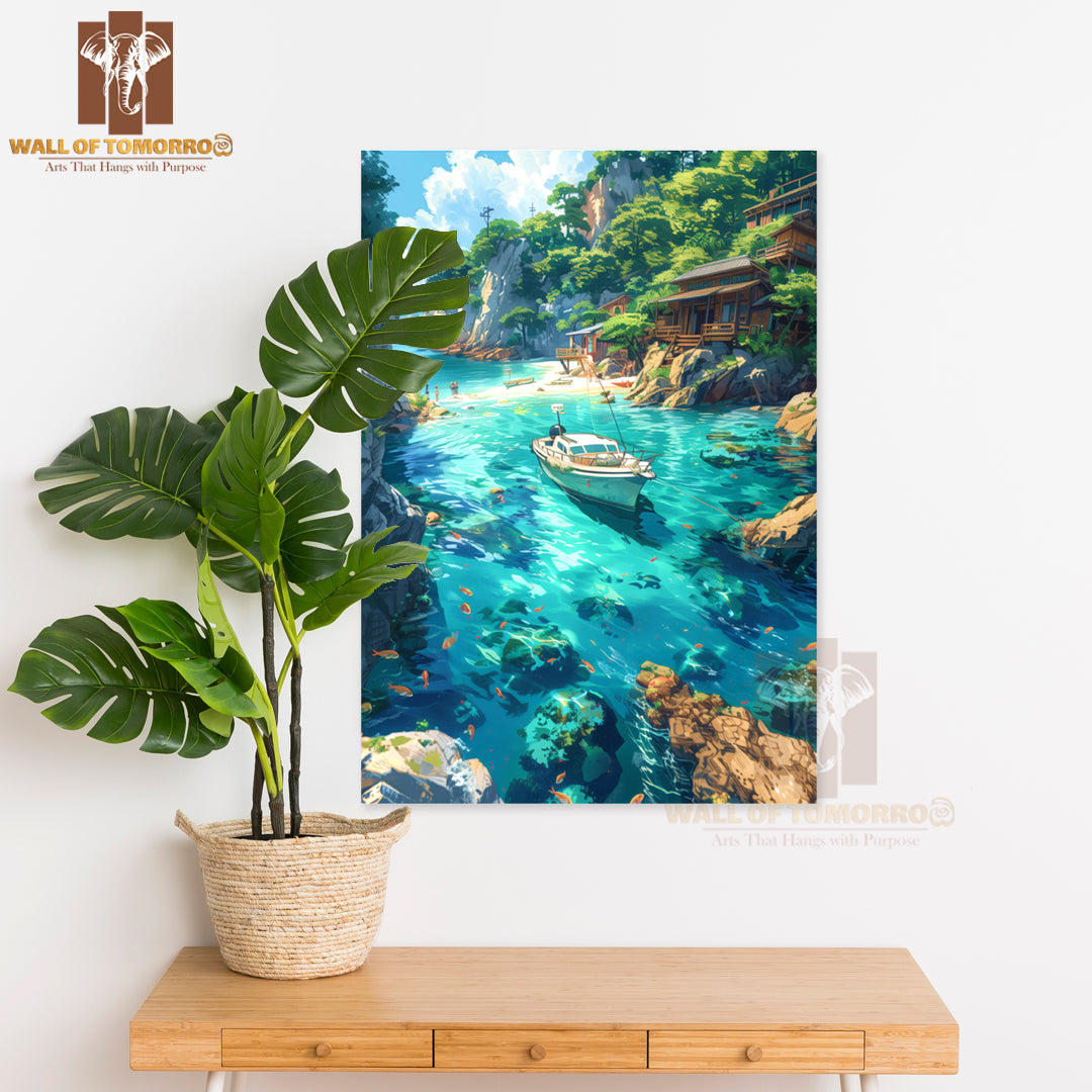 Boat Floating in A Blue Ocean Near a Cliff High Quality Unframed Poster Print & Waterproof Poster Print Wall Décor