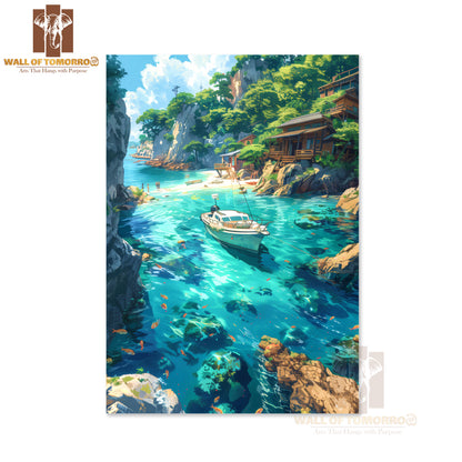 Boat Floating in A Blue Ocean Near a Cliff High Quality Unframed Poster Print & Waterproof Poster Print Wall Décor