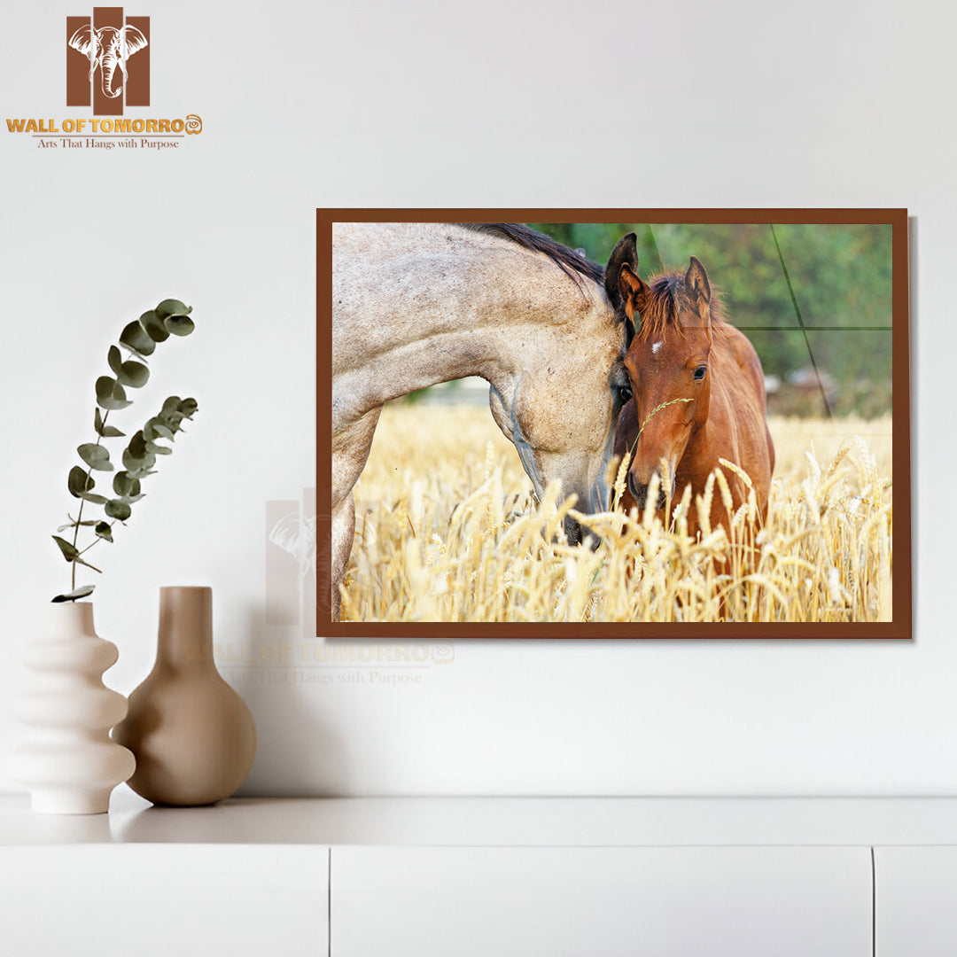Mare And Her Foal in Rye Field with Beautiful Green Background, Animal Horses High Quality Unframed Poster Print & Waterproof Poster Print Wall Décor